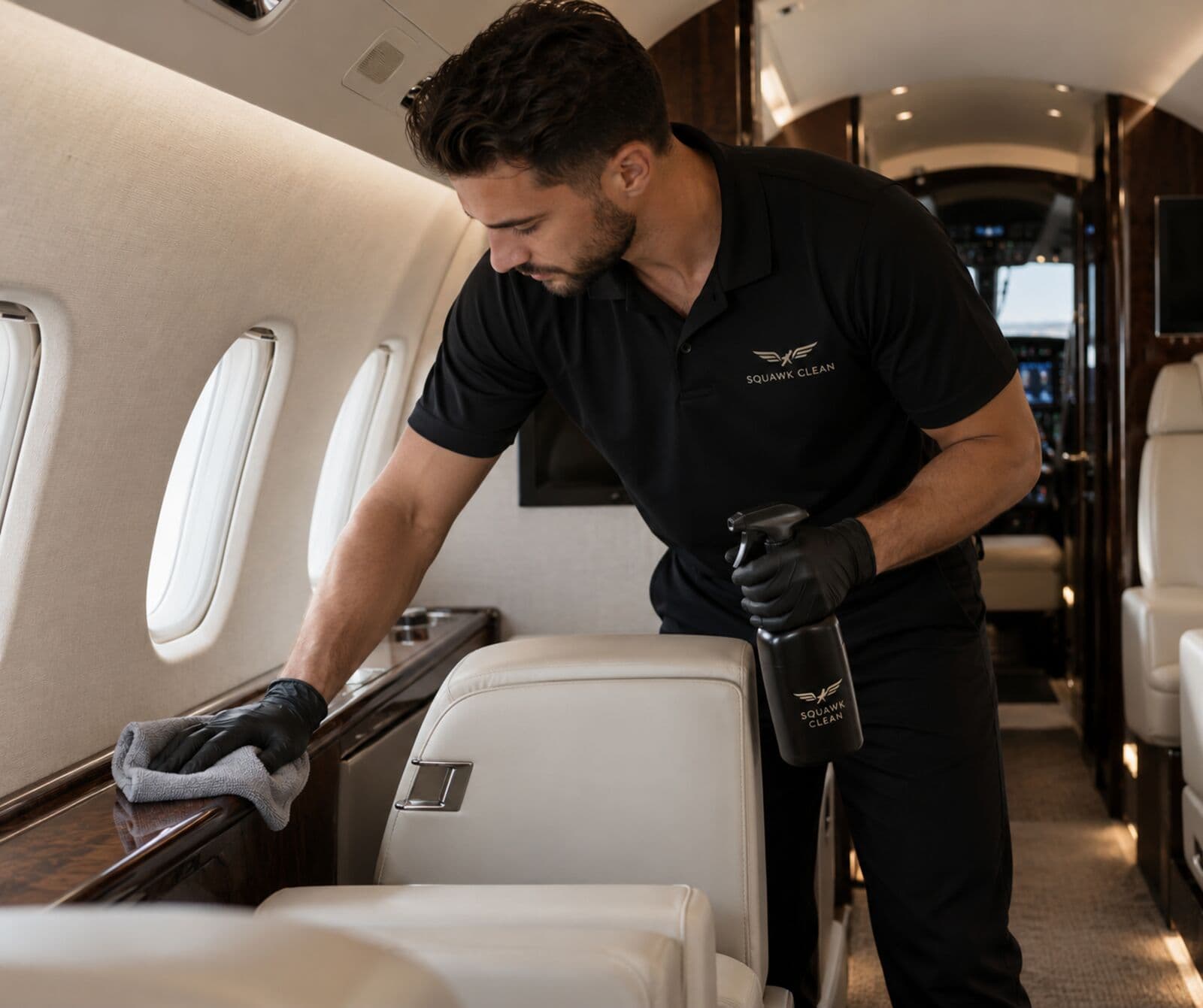 Squawk Clean technician hand-detailing an aircraft cabin interior