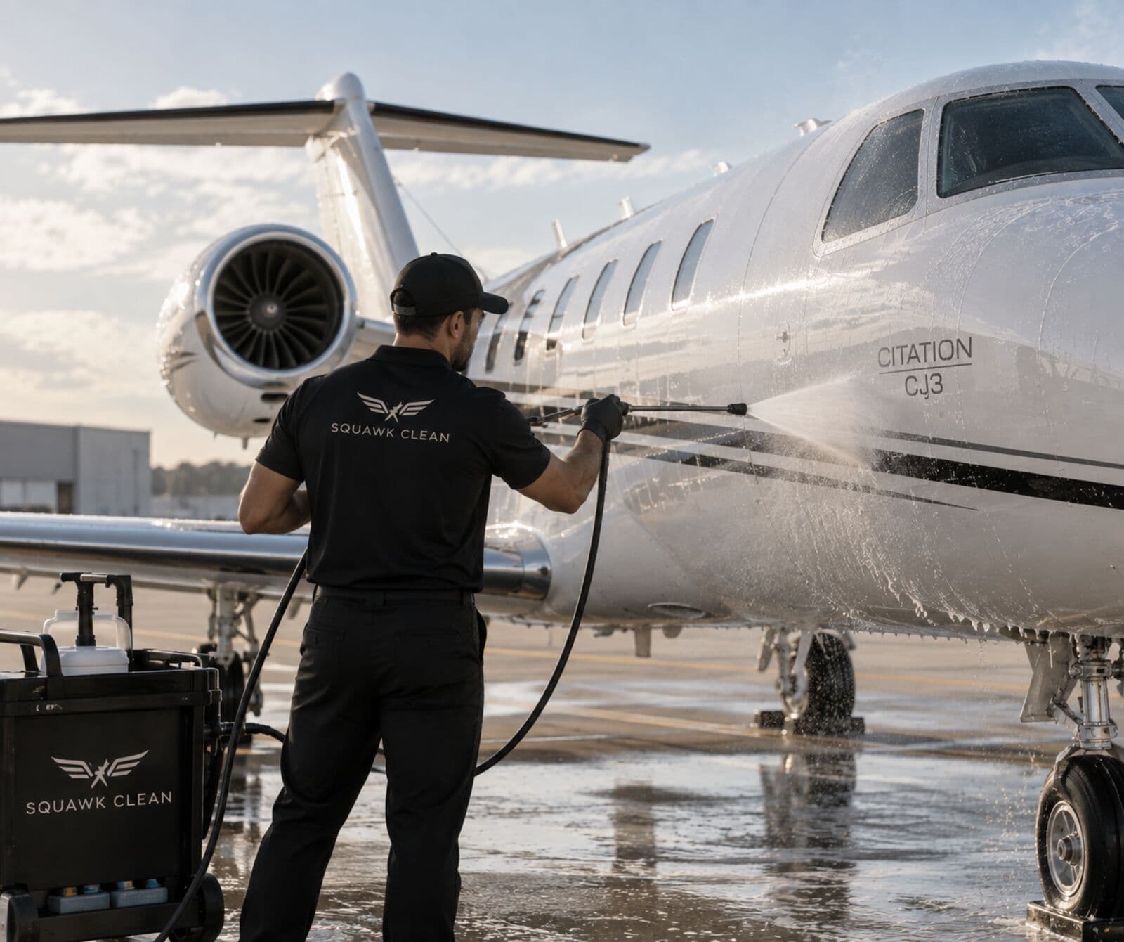 Squawk Clean technician washing a jet exterior