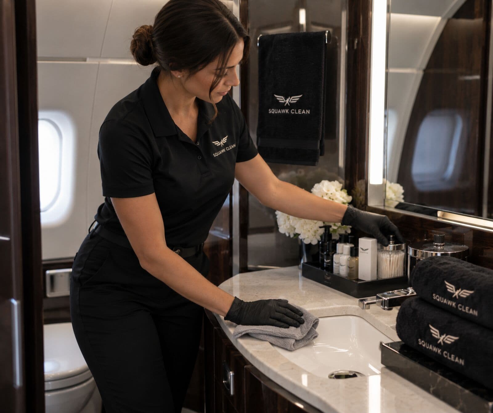 Squawk Clean technician detailing a jet lavatory